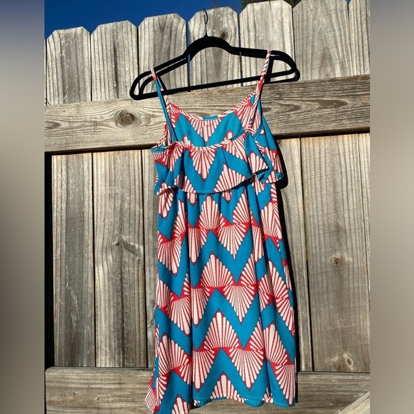 Peaches and Cream brand turquoise and coral Sundress with Spaghetti Straps - Picture 4 of 6